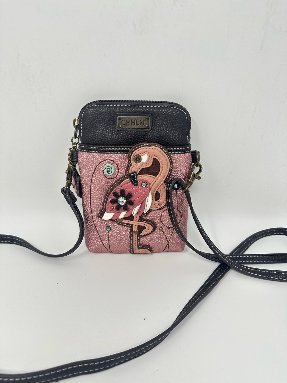 Chala Cell Phone Purse Crossbody Pleather Convertible Flamingo Glitter